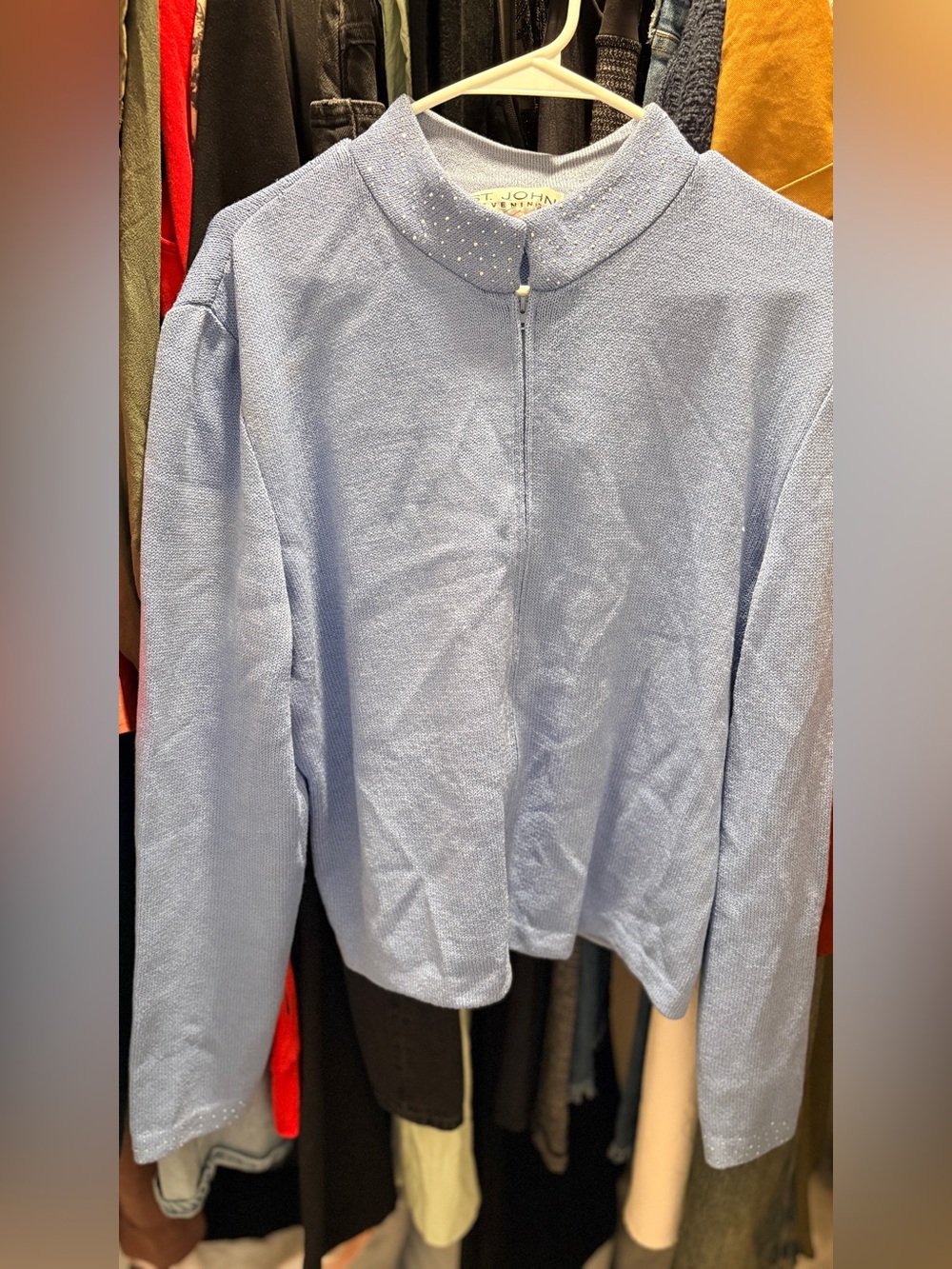 St. John Light Blue Zip-Front Sweater with Embellished Collar